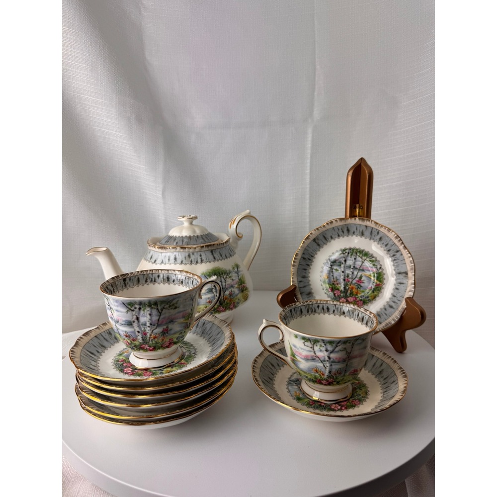 Royal Albert Silver Birch 28 Pc Tea Set Service for 8 Bone China England Vintage
